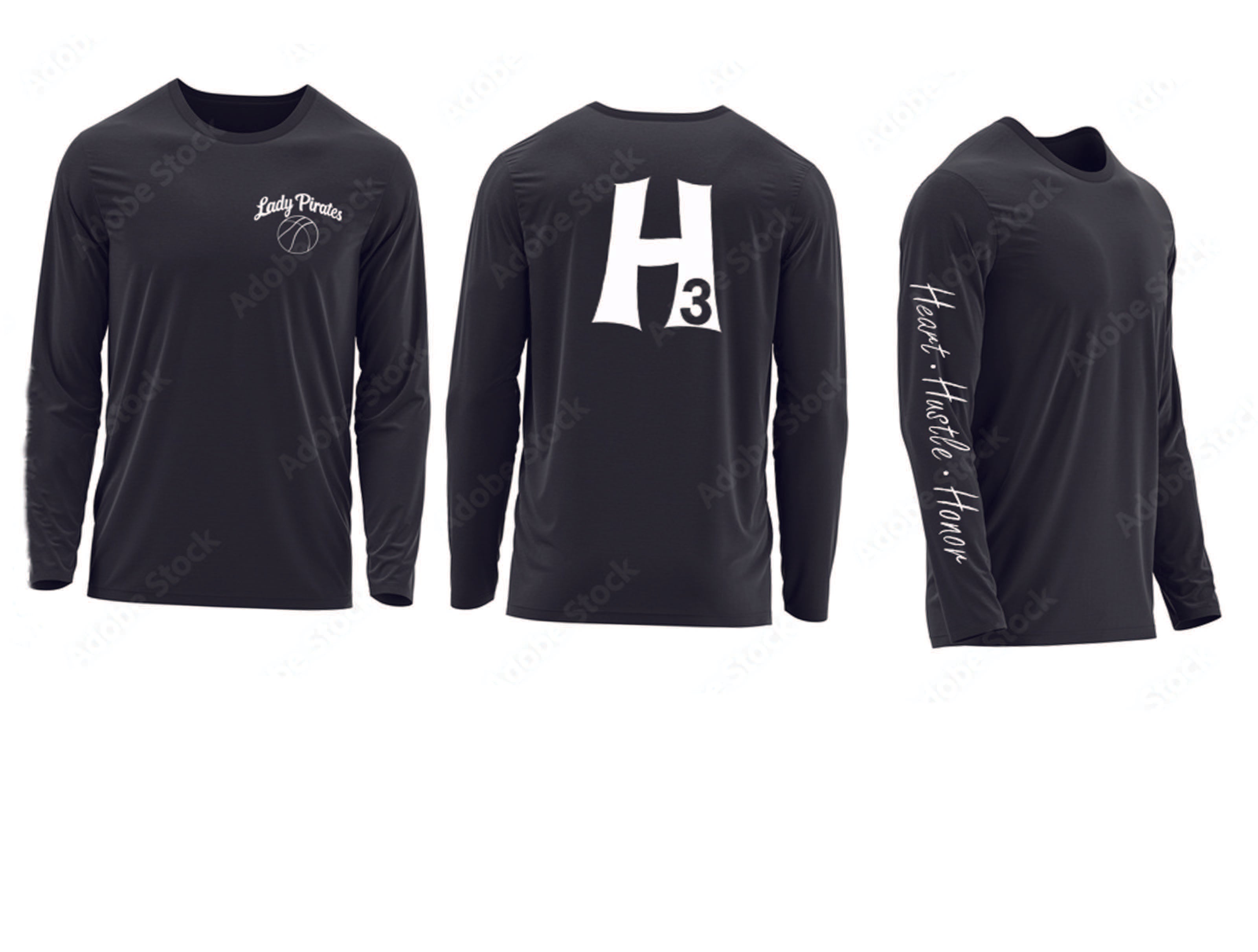 Black long-sleeve shirt with logos and text on a white background