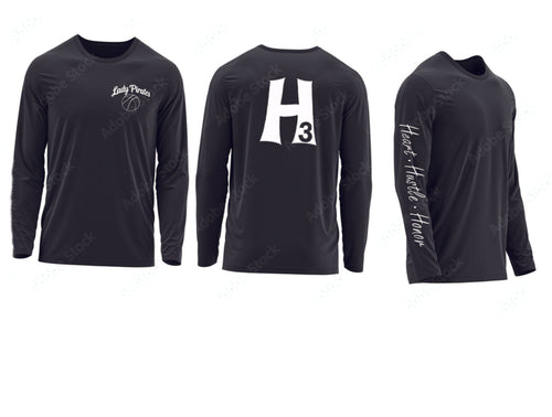 Black long-sleeve shirt with logos and text on a white background